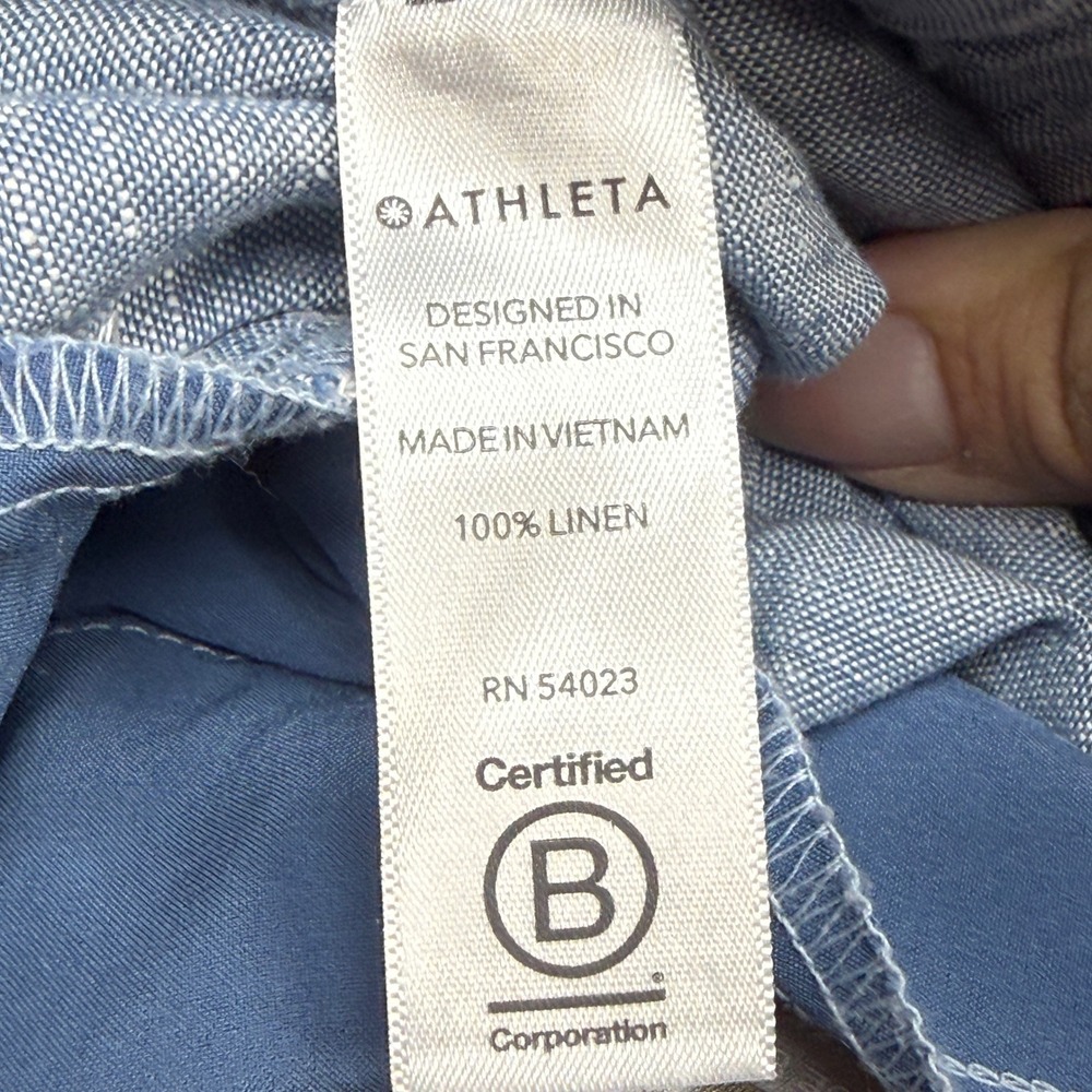 Athleta Cabo Linen Wide Leg Pant Women 8 Blue Smocked Waist Pocket Boho Travel - Picture 7 of 11